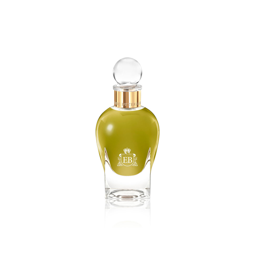 100 ml bottle, with transparent glass and greenish perfum. Spherical cap with gold band. Apollo Hyacinth, a fragrance by Eric Butherbaugh.