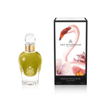 100 ml bottle, with transparent glass and  greenish perfum. Spherical cap with gold band. By his side the box, with pink flamingo and flowers illustration, within a black border. Apollo Hyacinth, a fragrance by Eric Butherbaugh.