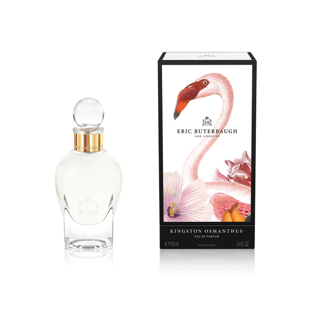 100 ml bottle, with transparent glass and yellowish perfum. Spherical cap with gold band. By his side the box, with pink flamingo and flowers illustration, within a black border. Kingston Osmanthus, a fragrance by Eric Butherbaugh.