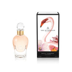 100 ml bottle, with transparent glass and orangey perfum. Spherical cap with gold band. By his side the box, with pink flamingo and flowers illustration, within a black border. Regal Tuberose, a fragrance by Eric Butherbaugh.