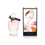 250 ml bottle, with transparent glass and pinkish perfum. Spherical cap with black ribbon. By his side the box, with pink flamingo and flowers illustration, within a black border. Celestial Jasmine, a fragrance by Eric Butherbaugh.