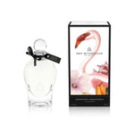 250 ml bottle, with transparent glass and yellowish perfum. Spherical cap with black ribbon. By his side the box, with pink flamingo and flowers illustration, within a black border. Kingston Osmanthus, a fragrance by Eric Butherbaugh.