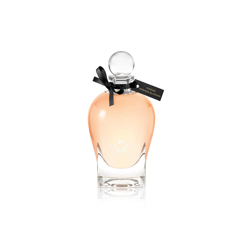 250 ml bottle, with transparent glass and orangey  perfum. Spherical cap with black ribbon. Maiden Orange Blossom, a fragrance by Eric Butherbaugh.