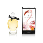 250 ml bottle, with transparent glass and yellowish perfum. Spherical cap with black ribbon. By his side the box, with pink flamingo and flowers illustration, within a black border. Nick´s Sunflower, a fragrance by Eric Butherbaugh.