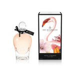 250 ml bottle, with transparent glass and orangey perfum. Spherical cap with black ribbon. By his side the box, with pink flamingo and flowers illustration, within a black border. Regal Tuberose, a fragrance by Eric Butherbaugh.