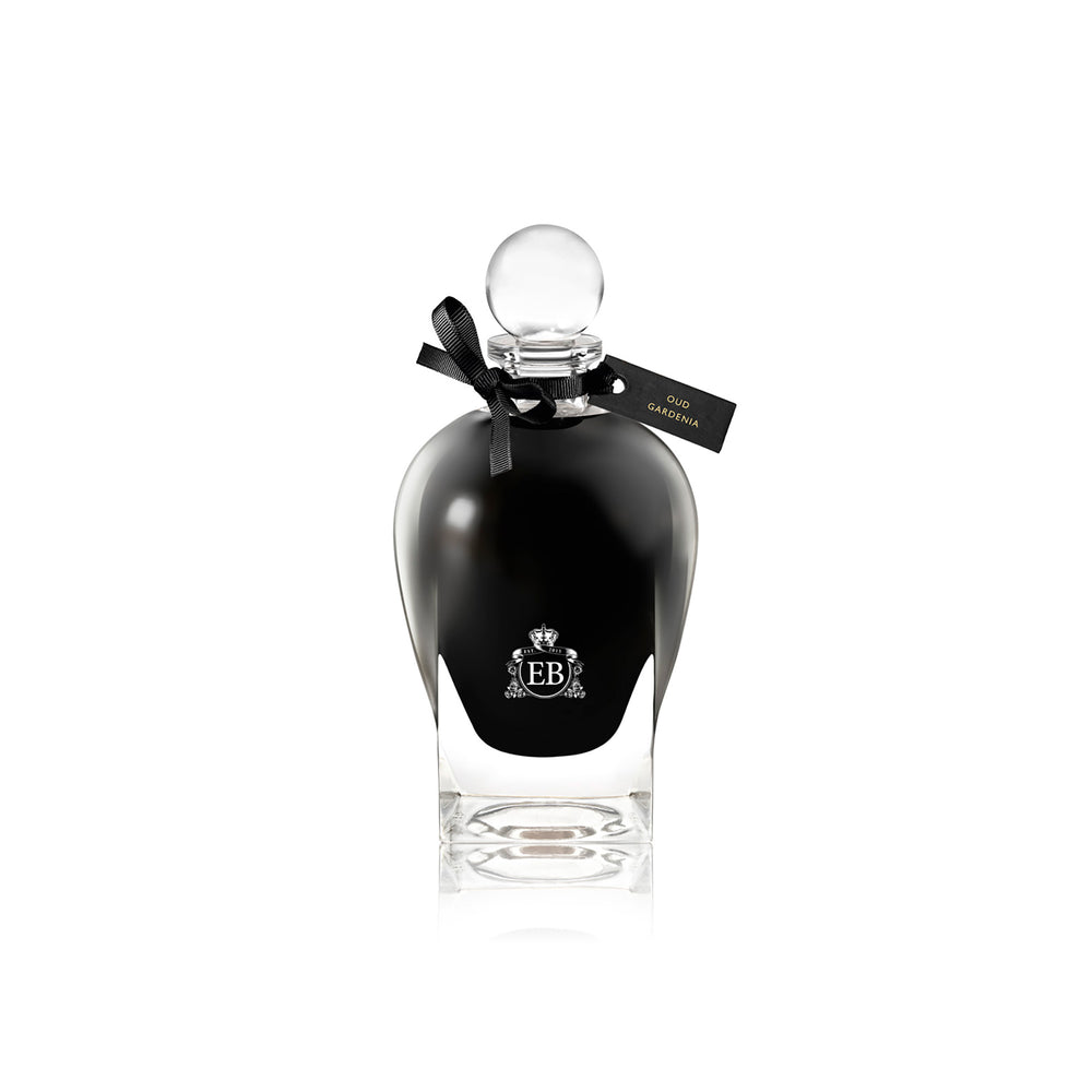 250 ml bottle, with  black opaque glass. Spherical cap with black ribbon. Oud Gardenia, a fragrance by Eric Butherbaugh.
